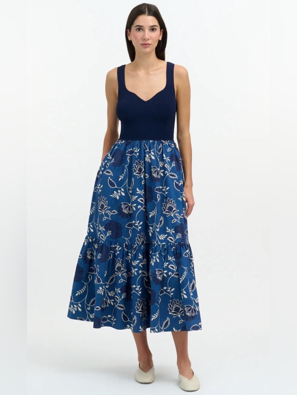 Tanya Taylor Josephina Rib Knit Cotton Tiered Floral Midi Dress Large L